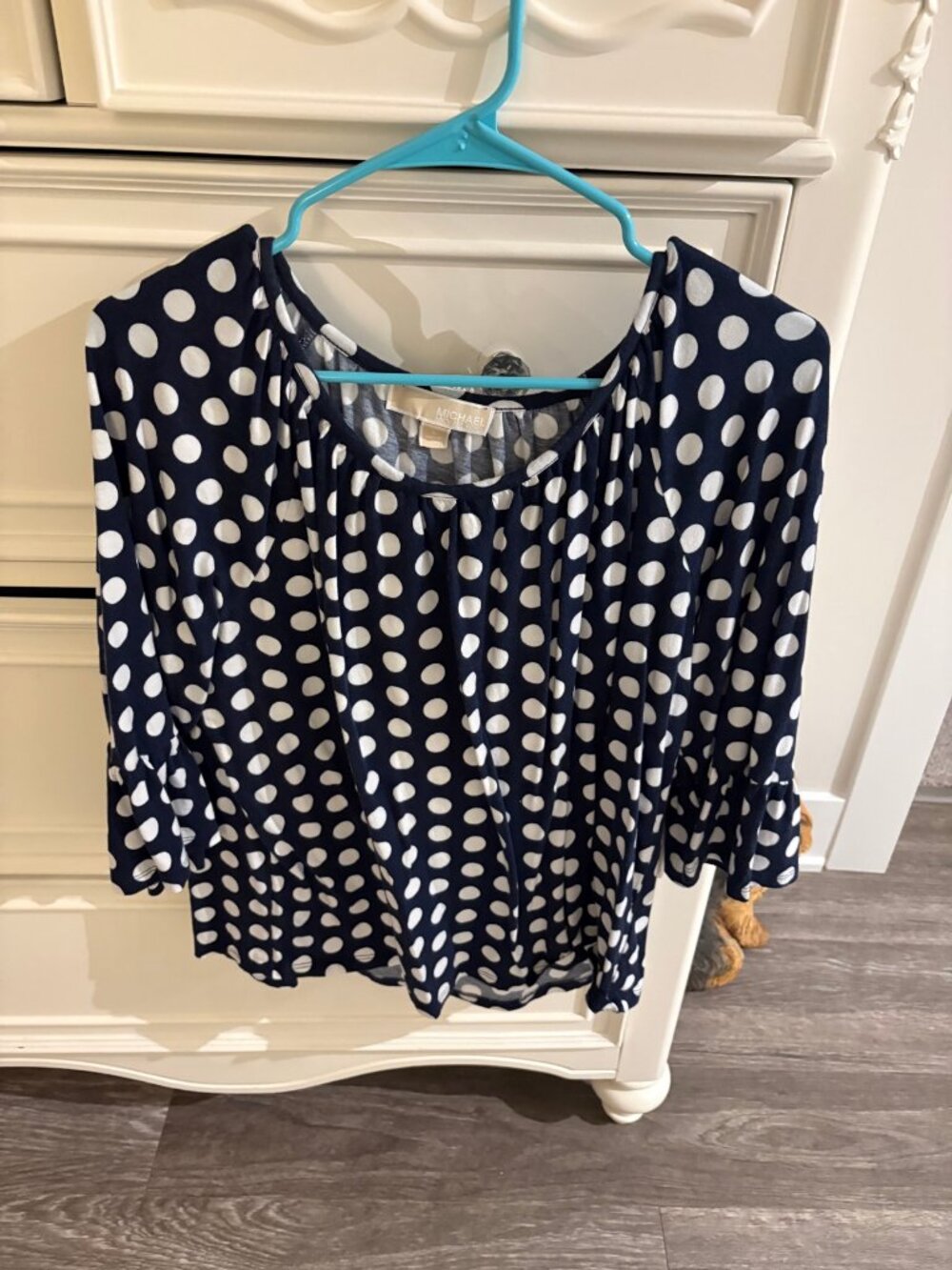 Michael Kors Women's Navy Blue White Polka Dot Blouse 3/4 Sleeve - Size L - Like